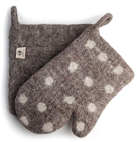 Shanti Collection Handgefertigtes Ofenhandschuh- und Topflappen-Set, hitzebeständig, 100 % Wolle, Ofenhandschuhe (16,5 x 25,4 cm) und Topflappen-Handschuh (20,3 x 20,3 cm), perfekt zum Kochen, Backen