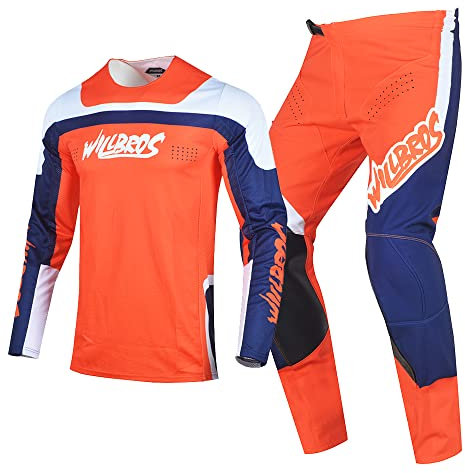 Willbros Männer MX Set Dirt Bike Offroad Motocross Jersey Hose Combo BMX ATV Enduro Blau Orange (Jersey L Pants 34)