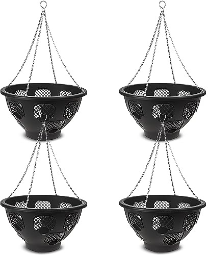 Original Easy Fill Set of 4 Hanging Basket - 14 Inch Black Hanging Planters for Balcony, Indoor, or Outdoor - Plastic Basket for Herb, Flowers, or Plants