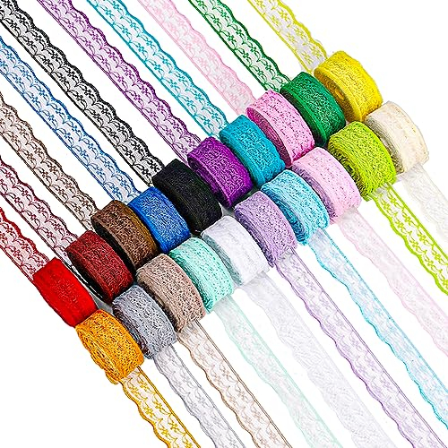 Swpeet 20 Rollen Gesamt 200 Yards 2.2cm×10 Yards Bunte Spitze Band Einseitige Blumenmuster Stoff Spitze Dekoration für Hochzeit, Nähen, Geschenk Verpackung
