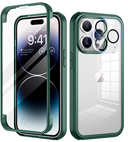 seacosmo Funda para iPhone 14 Pro con Protector de Pantalla, Verde | Carcasa Antigolpes con Cristal Templado [9H HD], Protector Cámara, Protección 360° Doble Cara, Integral