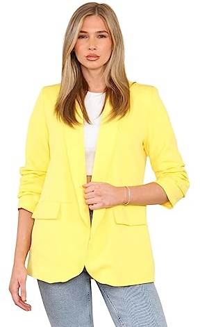STAR FASHION Ladies Longline Duster Coat Blazer Frill Ruffle 3/4 Rouge Sleeve Womens Italian Blazer Stylish Yellow 16 to 18