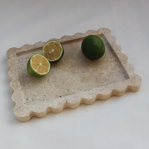 Natural Travertine Tray with Scalloped Edge, Rectangle Vanity Tray 10.8x8 for Bathroom Kitchen Counter, Decorative Tray for Dresser Home Décor