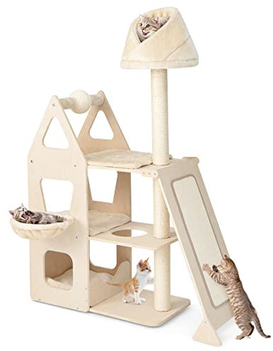 COSTWAY Modern Cat Tree, 156cm Tall Wooden Cats Tower with Scratching Rotatable Ball & Posts, Sisal Ramp, Hanging Basket, Large Kitten Activity Centre