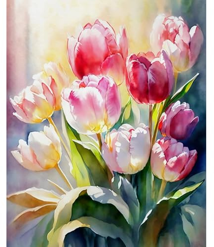 YUCCAORCHID Malen Nach Zahlen Erwachsene Landschafts Faltenfreie Leinwand mit Pinseln Acrylpigment DIY Ölgemälde Leinwand Set 40 × 50 cm（Rahmenlos-Tulpen-A