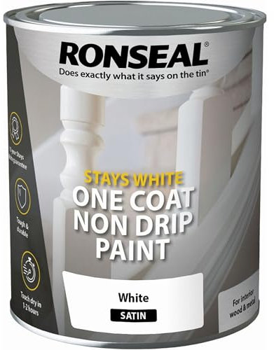 AMK® Ronseal Stays White One Coat Non Drip Paint 750ml Satin Interior Wood Metal Finish Non Yellowing Guaranteed 10 Years Easy Application Less Mess Trim Skirting Doors Frames Tough