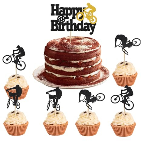 ALEGRE Bicycle Cake Decoration Birthday Pack of 13 Glitter Cake Toppers Bicycle Happy Birthday Cake Decoration Black Bicycle Cupcake Topper Sport Theme Party Decoration Bicycle Decoration Cakes for