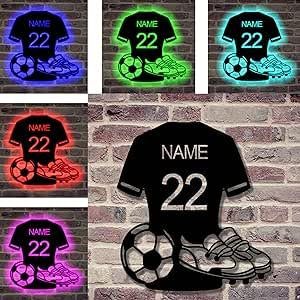 Personalised Soccer Jersey Metal Wall Art Neon Sign,Custom Name & Number Football Night Lamp, Led Light Up Name Sign, Personalised Soccer Wall Art Decor, Gifts for Soccer Fans-16 Light Colours