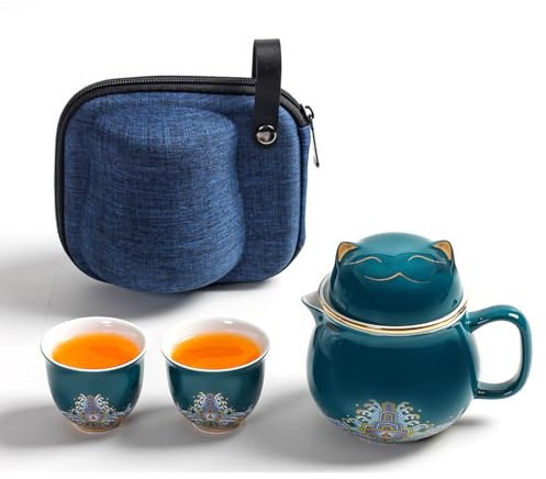 DEARART Magnifique ensemble de tasses à thé portable, tasse de 300ml,2 g et 2 tasses, large goulot facile à nettoyer, garde le thé chaud, infuseur de thé en vrac, chat mignon, vert