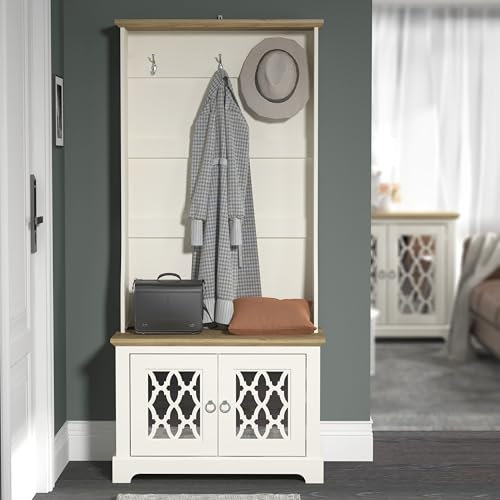 Galano Novara Hallway Unit – Entryway Bench with Coat Rack – Storage Cabinet with Bench and Hooks for Shoes, Bags, or Coats – Ivory/Oak