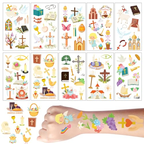 KIKVTER Tattoo Kommunion, 10 Blätter Tattoo Kinder, Sticker Kinder, Aufkleber Kommunion, Aufkleber Ostern, Tattoos Ostern, Hautfreundliche Temporäre Tattoos mit Kommunion Ostern Tiere, Kreuz, Taube
