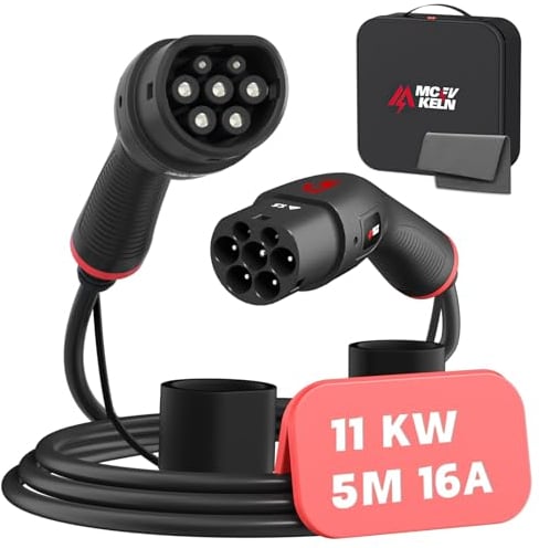 MCEVKELN Typ 2 Ladekabel 11KW 3 Phasig - 16A Ladekabel Typ 2 für Elektroautos & Hybrid 5M Mode 3 Ladekabel Elektroauto Typ 2 EV Charger kompatibel mit E-208, 500e, Zoe, ID.4, ID.5, Model S/X/Y/3