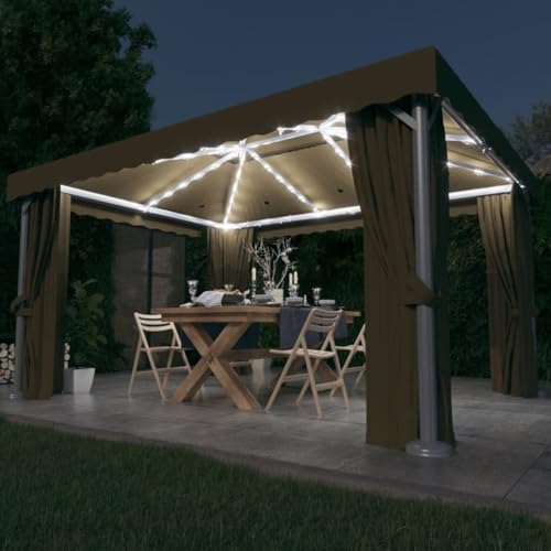 Gecheer Gazebo Con Tende e Stringa di Luci LED, Pergola da Esterno Con Telo, Padiglione da Giardino, Tenda per Feste, Barbecue e Zanzariera - 4x3 m Grigio Talpa