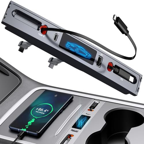 YiiMeeCoo Tesla - Hub USB para modelo Y modelo 3 2021 2022 2023, cargador rápido móvil con cables retráctiles, Tesla Model 3 Model y accesorios de estación de acoplamiento electrónica de la consola