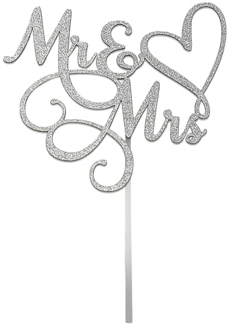 Mr & Mrs Cake Topper, 15,3 cm Silber Herz Hochzeit Verlobung Kuchenaufsatz, Brautparty Thema Happy Birthday Party Glitzernde Kuchendekorationen
