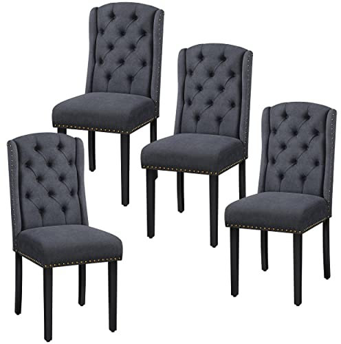 Yaheetech Lot de 4 Chaises de Salle à Manger en Tissu Effet Lin Design Classique Boutonné Ensemble de Chaises de Cuisine Rembourrées avec Pieds en Bois Massif Garniture Clou Dorés Gris