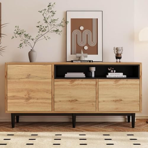 KOMHTOM Buffet moderne en grain de bois, armoire de rangement à trois portes et compartiment ouvert, noir, multifonction pour salon, chambre à coucher, cuisine