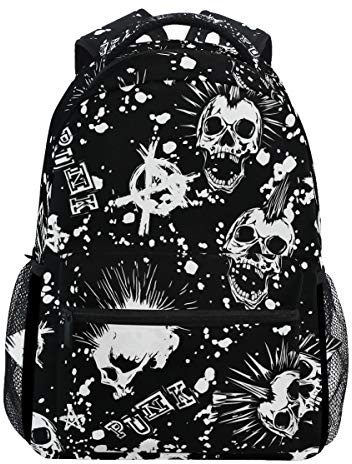 Rucksack, Motiv: weißer Punk, Totenkopf, Mohawk-Haar, Vintage-Stil, Büchertasche, Tagesrucksack, Reisetasche, Schule, Uni, für Damen, Mädchen, Herren, Jungen, Teenager, Schwarz