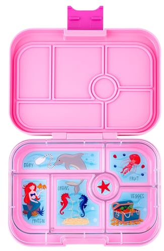 Yumbox Lonchera Bento original a prueba de fugas para niños, 5 compartimentos + cierre fácil de abrir, porciones justas, bandeja ilustrada extraíble (sirena rosa poderosa), edades 3-7 años