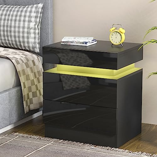 PIPIPOXER Nachttisch LED mit 2 Schubladen, Nachttisch Schwarz Hochglanz Kommode mit LED Licht Nachtschrank Tisch, Nachtschrank 16 Farben Beistelltisch für Wohnzimmer, Schlafzimmer,45x35x52cm