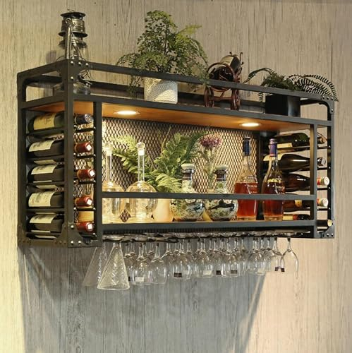 Ddasam Industriell Wandmontierte Weinregal - Weinregal Metall Wand Wandmontierter Küchenbar Holz Metall Hängendes Regal Becherhalter Weinschrank für Home Bar Dining Room Kitchenkitchen
