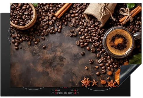 KitchenYeah© Herdabdeckplatte Einteilig Abdeckplatten Cerankochfeld Abdeckung Ceranfeld Herdplattenabdeckung Induktionsmatte Kaffee - Küche - Kaffeebohnen - Blätter - 81.2x52 cm
