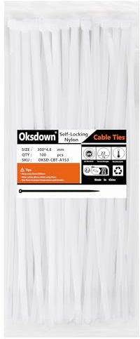 Oksdown Collier de Serrage en Nylon 300 mm × 4,8 mm Attache Câble Plastique Longue Rilsan Serre Câbles, Blanc, Lot de 100 Pièces