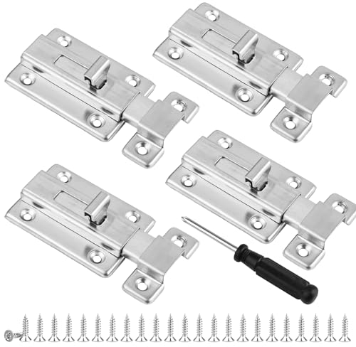 Pack of 4 Stainless Steel Sliding Lock, 3 Inch Two-Way Door Bolt, Door Bolt with Screws and Screwdriver, Lock Bolt for Bathroom, Garden Gate