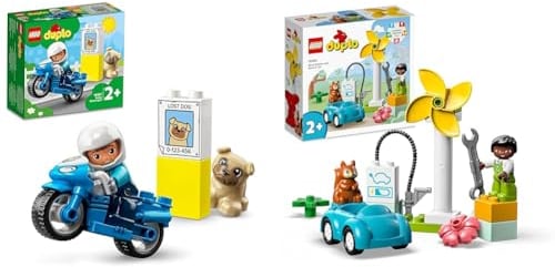 LEGO DUPLO Polizeimotorrad, Polizei-Spielzeug für Kleinkinder ab 2 Jahre & DUPLO Town Windrad und Elektroauto, Spielzeugauto-Lernspielzeug