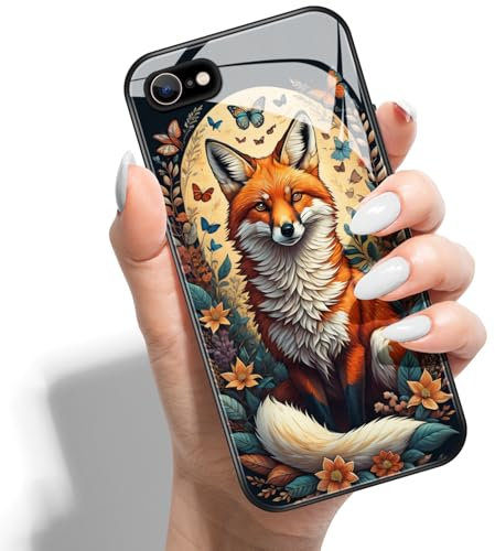 Phone Case for iPhone SE (2022) / SE 2020/8 / 7 Hard Back Cover Printed Pattern Design Hybrid PC + HD Glass Soft TPU Bumper - Fox Butterfly