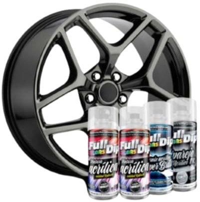 AutoFullCar - Pack Llantas - Full Colors By Full Dip - PINTURA ACRÍLICA PERMANENTE - Formato Spray 400 ml/u. - Contiene Aparejo, Pintura y Barniz Acabado Brillo o Mate (NEGRO METALIZADO BRILLO)