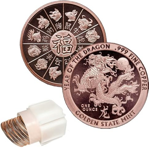 Katy Craig 10 x 28,3 g 2024 Chinesisches Sternzeichen Mondjahr des Drachen Kupfer-Runden 999 feine Edelbarren Lieferung in Wanne