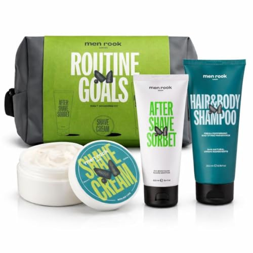 Men Rock Wash Bag Gift Set – Shaving Cream, Aftershave Balm, Body Wash & Men’s Shampoo in Travel Bag – Premium Men’s Toiletry Gift Set & Men’s Grooming Kit – Ideal Men’s Gift Sets Toiletries Set