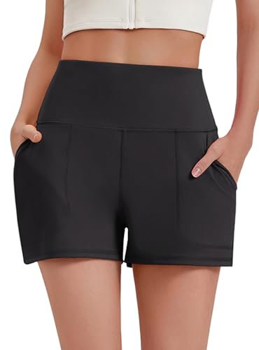 PINSPARK Shorts Damen Sport Kurz Jogginghose High Waist Running Breite Beine Shorts Leggings Hosen Sporthose Laufshorts Sport Yoga Bauchkontrolle Sportshorts Sommer Hose mit 2 Taschen Schwarz XL