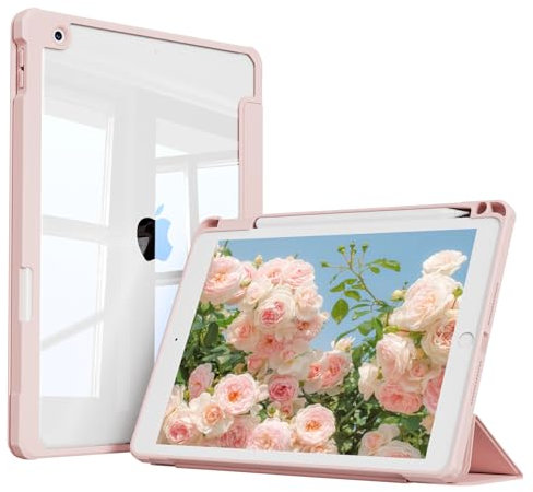 KVTVOU Case for iPad 9th / 8th / 7th Generation 10.2 Inch (2021/2020/2019) with Pencil Holder, Clear Hard Back & Soft TPU Frame, Shockproof Slim Case for iPad 9/8/7, Auto Wake/Sleep, Pink