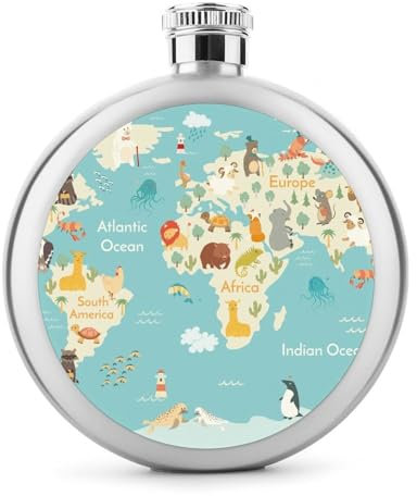 Whiskey Flask The World Map Hip Flask for Liquor Stainless Steel Drinking Flask for Men Women 9x9cm