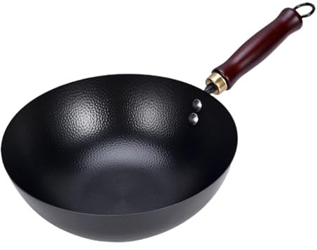 MagiDeal Poêle Wok En Fer Antiadhésive Sans Revêtement, Ustensile de Cuisine avec Manche En Bois, Antirouille, Compatible avec Tous Les Poêles, Poêle à Sauter, Sans couvercle