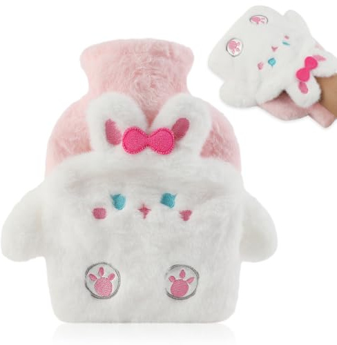 Lvjkes Wärmflasche, 500ML Wärmflasche kinder mit bezug, Süß plüSch wärmflaschen tier, Zur Reinigung Abnehmbar, Explosionsgeschützt und auslaufsicher, für Kinder und Erwachsene (Hase)