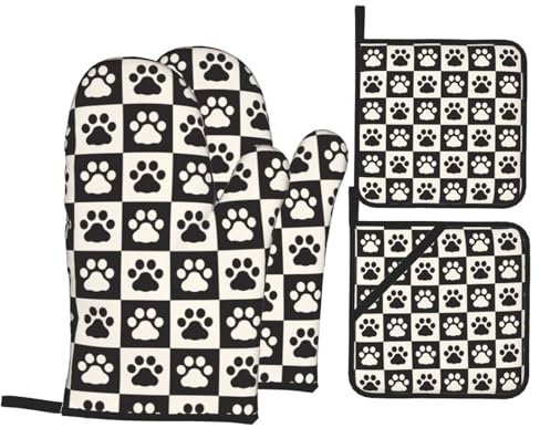 Perinsto Dog Paws Oven Mitts & Pot Holders 4 Pcs Set, Black and White Footprints Checkered Background Decorative Heat Resistant Cooking Gloves Microwave Oven Gloves for Kitchen Baking Grilling BBQ