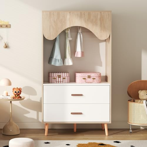 Mielvu Kinderkleiderschrank, Kleiderschrank mit Kleiderstange, mit Schubladen, offener Kleiderschrank, Vollholzgriffen, aus Spanplatte, weiß+natürliches Holz, 80×46×141,5cm