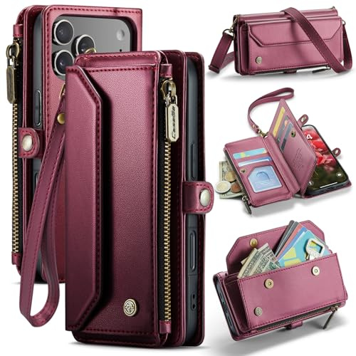 FONREST Leather Purse Bag Case for iPhone-17-Pro, Magnetic Flip Wallet Cover with Kickstand RFID Blocking Card Holders Cash Slot Zipper Pocket Crossbody Lanyard Wrist Strap (Red)