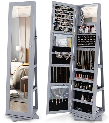 RELAX4LIFE Armoire a Bijoux Pivotante à 360º, Miroir sur Pied avec Rangement Bijoux Verrouillable, Anti-Rayures avec Doublure, 3 Étagères Arrières, pour Bague Bracelet Boucles (Gris)