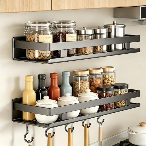 FARYODI Set di 2 portaspezie da parete senza foratura, mensola da cucina con 5 ganci in plastica, portaspezie, per armadio, porta, appendiabiti, salvaspazio, elegante e stabile, facile da montare, 40