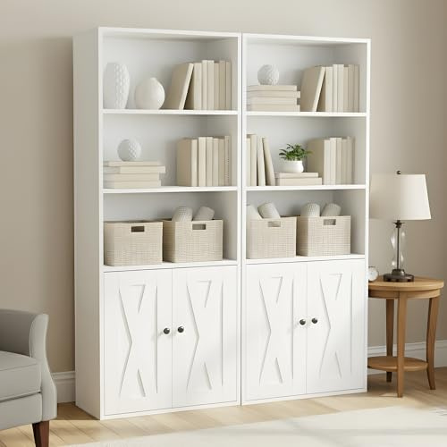 buybyroom Bücherregal mit Türen, Vitrinenschrank Wohnzimmer, Buffetschrank Küche, 60×30×151cm, Standregal für Arbeitszimmer, Büro, Wohnzimmer, Schlafzimmer, Weiß, 2 Stück