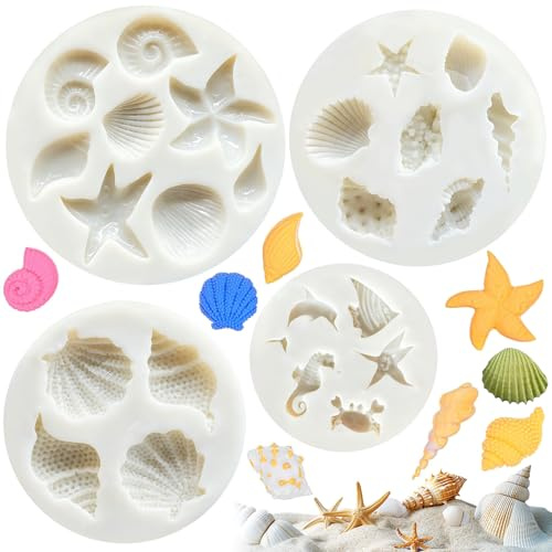 4er-Set Silikonformen Backen mit Meeresmotiven für Kuchen, Schokolade, Eiswürfel, Seife, Kerzen, Backform Silikon Dekorationsformen für Meeressterne, Muscheln, Seepferdchen, Korallen und Seeschnecken