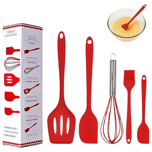 5 Pcs Food Grade Rubber Spatula, Silicone Spatula Set Red | Non-Stick and Heat Resistant Kitchen Utensils Set for Cooking Baking and Mixing