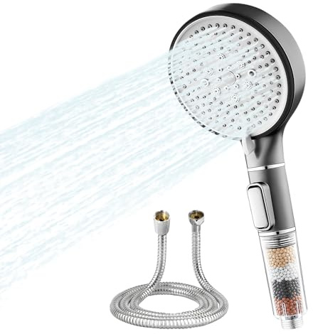 Pommeau de Duche, Pommeau de Douche Économie d‘Eau, Pommeau de Douche Anti-Calcaire, Haute Pression avec 5 types de jets, Élimine le Chlore et les Impuretés, Idéal pour Eaux Dures