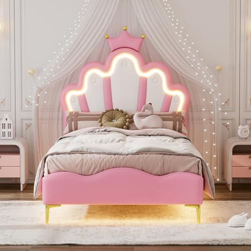 Merax Kinderbett 90x200 cm Prinzessin Bett - Polsterbett für Mädchen, Kronen-Einzelbett mit verstellbarem Kopfteil, LED-Streifen, aus PU-Leder Bettrahmen mit Lattenrost(ohne Matratze), Rosa