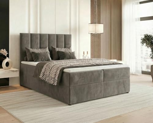 Chilly. Boxspringbett Astoria - Bett 200x200 cm - Bettkasten und Stauraum - Matratze H2/H3 und Topper 4cm - Weicher Jasminstoff - Dunkelgrau