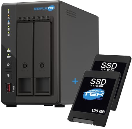 SIMPLETEK - Servidor de almacenamiento NAS de 2 bahías con 2 SSD de 120 GB - Quad-Core 2.0 GHz - 8 GB RAM DDR4 integrada - 2 ranuras M.2 NVMe - Doble red 2.5GbE